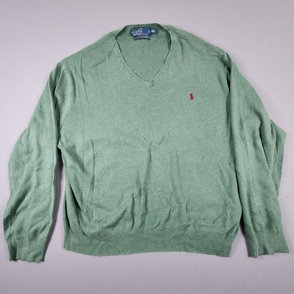 Polo by Ralph Lauren XXL 90's 100% pima cotton v neck green sweater pony Y2K